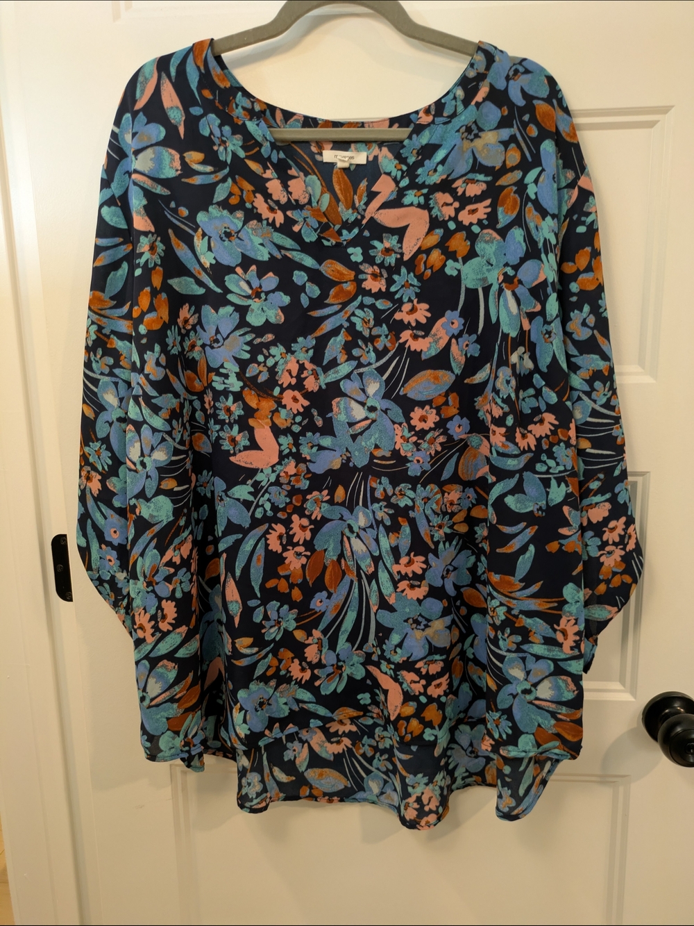 Maurices Navy Floral V-Neck Blouse with Teal & Coral Accents